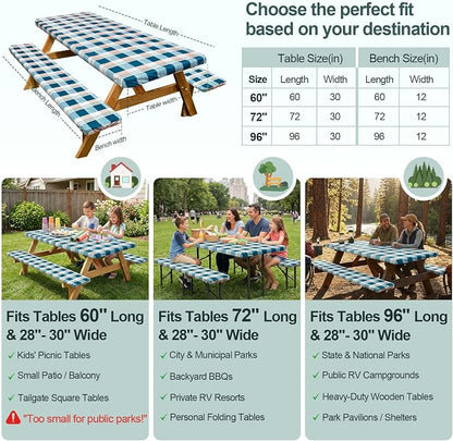 Picnic Table Cover Bench Covers Camping Essentials Tablecloth | Waterproof Vinyl for Outdoor, Windproof Elastic Fitted Edges, RV BBQ Accessories Must Haves, Storage Bag Included