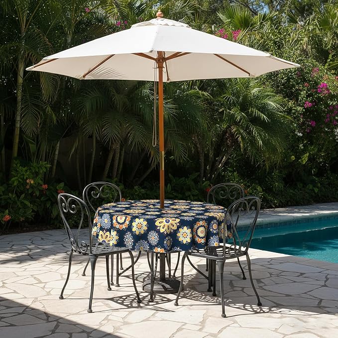 LVTXIII Round Outdoor Tablecloth with Umbrella Hole and Zipper, Water-Repellent 60 Inch Patio Table Cover for Bistro, Garden, Patio & Picnic, Bloom Cobalt