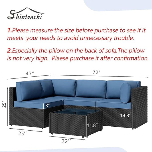 5 Piece Outdoor Patio Furniture Set,Black PE Rattan Wicker Sectional Sofa, All Weather Conversation Set with Washable Cushions & Glass Coffee Table for Backyard Poolside Garden Porch,Navy Blue