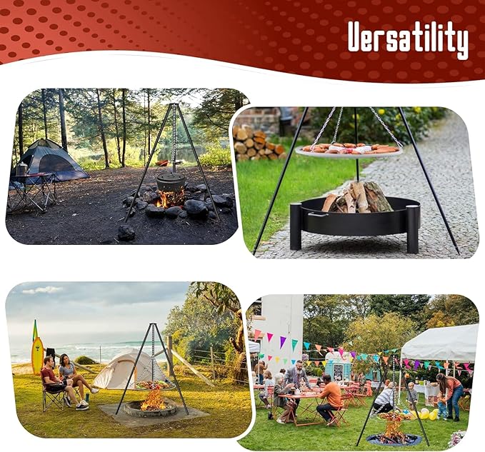 FEBTECH - 55" Steel Tripod Grilling Set - Camping Accessories For BBQ Grill Cooking - Camping Charcoal Grills Grate - Campfire Grill Grate Over Fire Pit with Tripod Stand