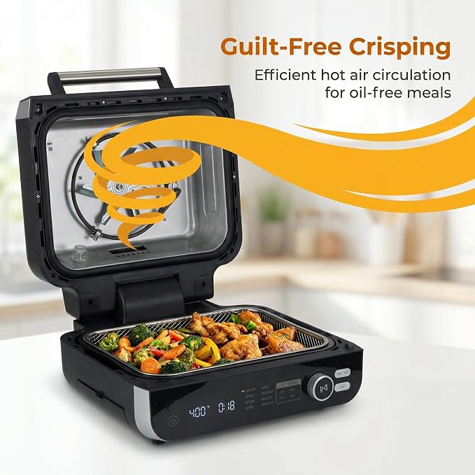 OLIXIS Electric Grill Outdoor/Indoor, 8-in-1 Multifunctional Large Electric BBQ Grill for Air Fry, Bake, Roast, Steak, Broil and Dehydrate, Safe Non-Stick Coating, Fry Basket Included