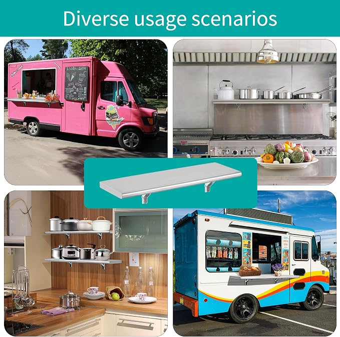 Concession Shelf 48"L x 12"W，22 gauge ASTM 304 Stainless Steel Folding Serving Food Shelves ，Wall Mount Shelving , Stainless Steel Shelf For Food Truck, grill area,BBQ working table, Restaurant .NSF