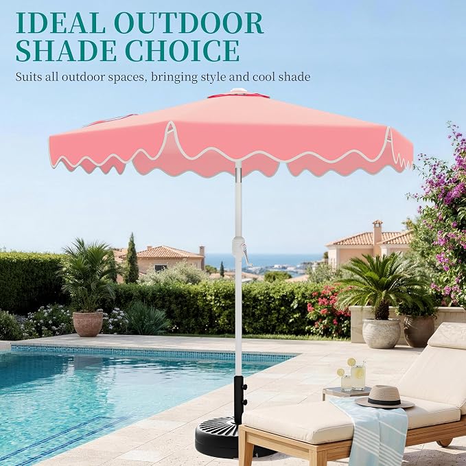 AreShark 7.5FT Outdoor Patio Umbrella with Wavy Trim (Peach Pink) | Market Table Umbrellas w/ 6 Sturdy Ribs, Crank & Tilt, White Pole, Pool Umbrella with UV-Fade Resistant Fabric, Heavy Frame