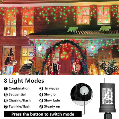 QITONG Red and Green Icicle Lights for Outside, 66ft 800 LED Icicle Christmas Lights Indoor with 8 Modes, Clear Wire Connectable String Lights Plug in