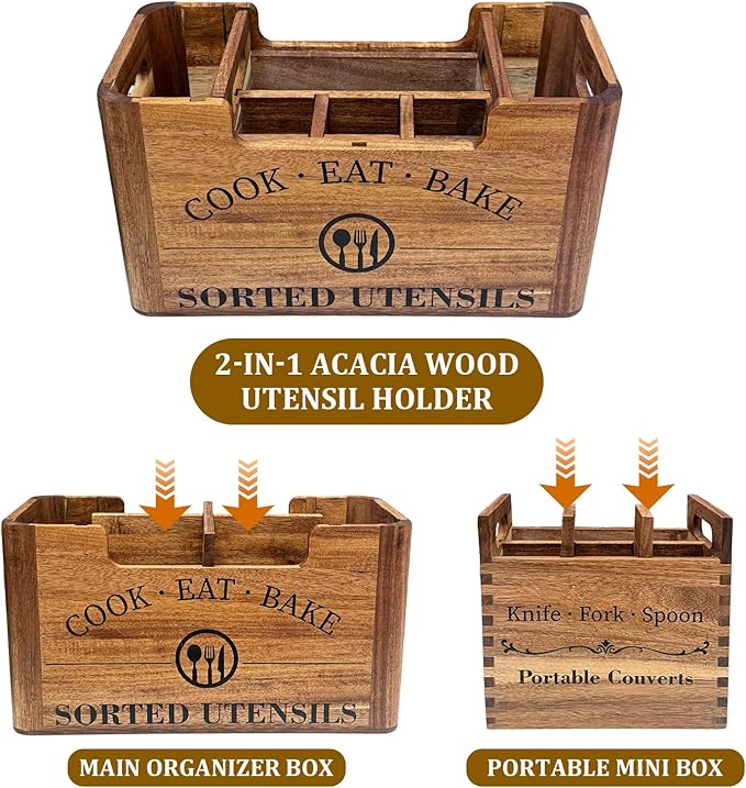 2-in-1 Acacia Wood Kitchen Utensil Holder, Large Farmhouse Countertop Organizer with Warm Aesthetic Removable Silverware Caddy, Rustic Wooden Container for Counter, Dining room & Island