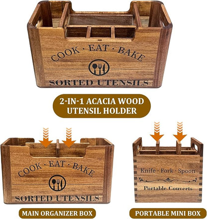 2-in-1 Acacia Wood Kitchen Utensil Holder, Large Farmhouse Countertop Organizer with Warm Aesthetic Removable Silverware Caddy, Rustic Wooden Container for Counter, Dining room & Island