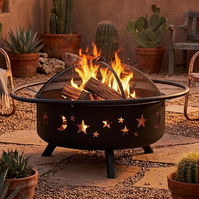 Sunnydaze Cosmic 42-Inch Large Outdoor Fire Pit - Wood-Burning Firepit for Outside Patio, Backyard, Deck - Steel - Wood Grate, Spark Screen, and Fireplace Poker Included - Black - 31” Bowl Diameter