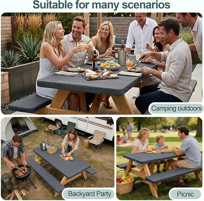 Picnic Table Cover with Bench Covers Camping Essentials Waterproof Windproof Camping Tablecloth with Drawstring Bag, Fitted Rectangle Tables and Seats, 72in, Heather Grey