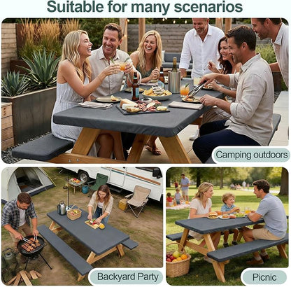 Picnic Table Cover with Bench Covers Camping Essentials Waterproof Windproof Camping Tablecloth with Drawstring Bag, Fitted Rectangle Tables and Seats, 72in, Heather Grey
