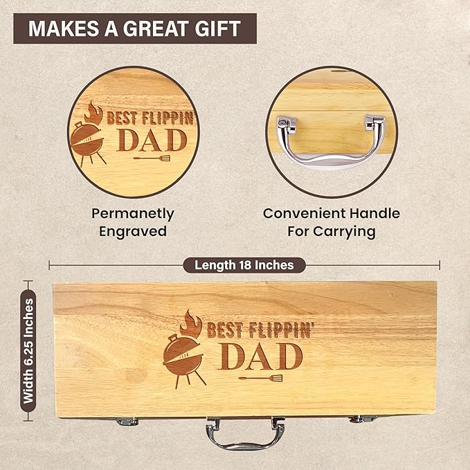 11-Piece BBQ Grilling Set with Engraved Maple Wood Box, Premium Stainless Steel Barbecue Tools with Wooden Handles for Dad – Best Flipping Dad Idea