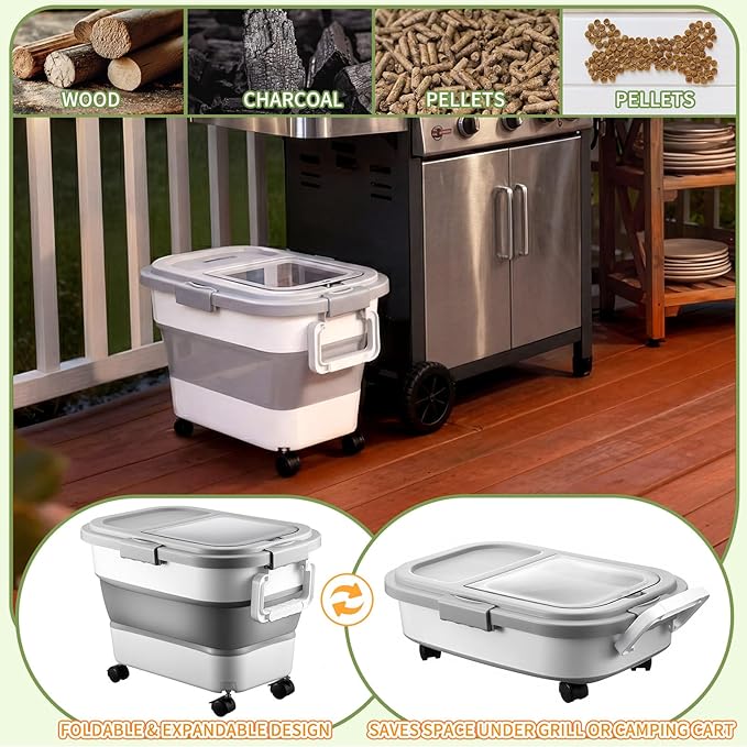 Maxdot 3 Sets 22lb Airtight Wood Pellet Storage Container Bin Kit with Clear Window, Locking Lid, Collapsible Design with Rolling Wheels, Pellet Bucket Includes Scoops Labels for Grill, Smoker