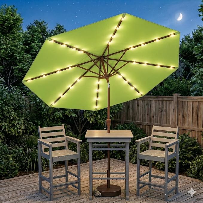 10FT Solar Lighted Patio Umbrella, Outdoor Table Market Umbrellas with Push Button Tilt and Crank, 32 LED Lights, 8 Sturdy Ribs, UV-Resistant for Deck, Garden, Pool