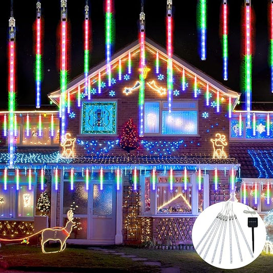 JMEXSUSS Solar Meteor Shower Rain Lights, 8 Tube 144 LEDs Multicolor Solar Christmas Lights, Led Falling Rain Christmas Light for Xmas Tree Wedding Holiday Party Patio Decoration