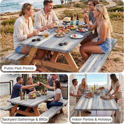 Picnic Table Cover with Bench Covers Windproof Waterproof Picnic Table Covers Camping Tablecloth with Self-Storage Bag, 72in, Grey