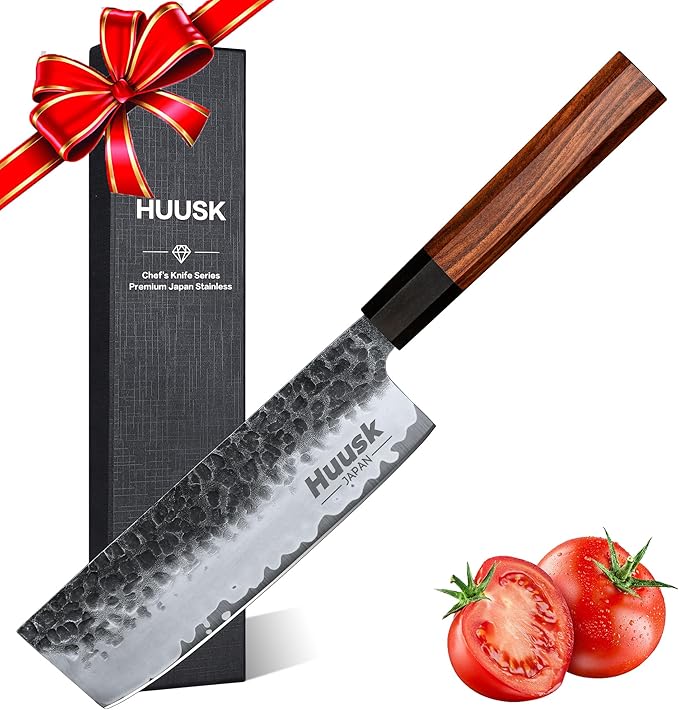 Huusk Japanese Nakiri Knife - 7 Inch Vegetable Cleaver Kitchen Knife with Gift Box, Hand Forged High Carbon Stainless Steel Chef Knives with Ergonomic Rosewood Handle, Ideal Gift for Men and Women