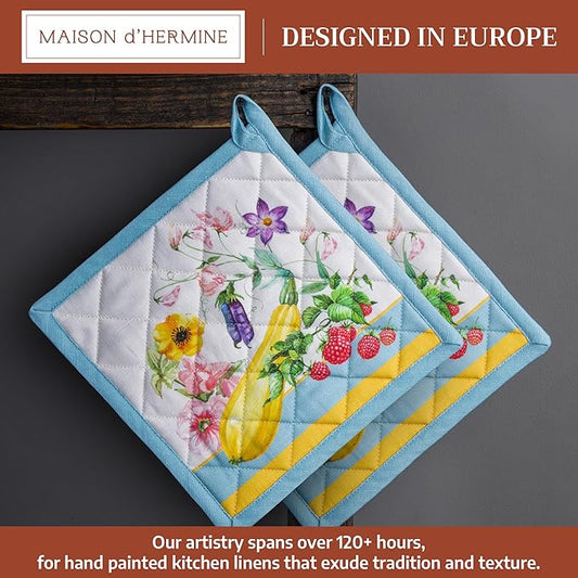 Maison d' Hermine Pot Holders 100% Cotton Heat Resistant Potholders 8" x 8" Hot Pads with Loop BBQ Cooking Baking Hotel Farmhouse Kitchen Handling Hot Pans Spring Summer (Pack of 2, Giverny)