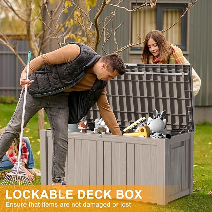 150 Gallon Outdoor Storage Box Waterproof, Resin Lockable Deck Box with Lid, Large Capacity Weatherproof Container for Patio Furniture Pool Accessories, Cushions(Grey, 150 Gallon)