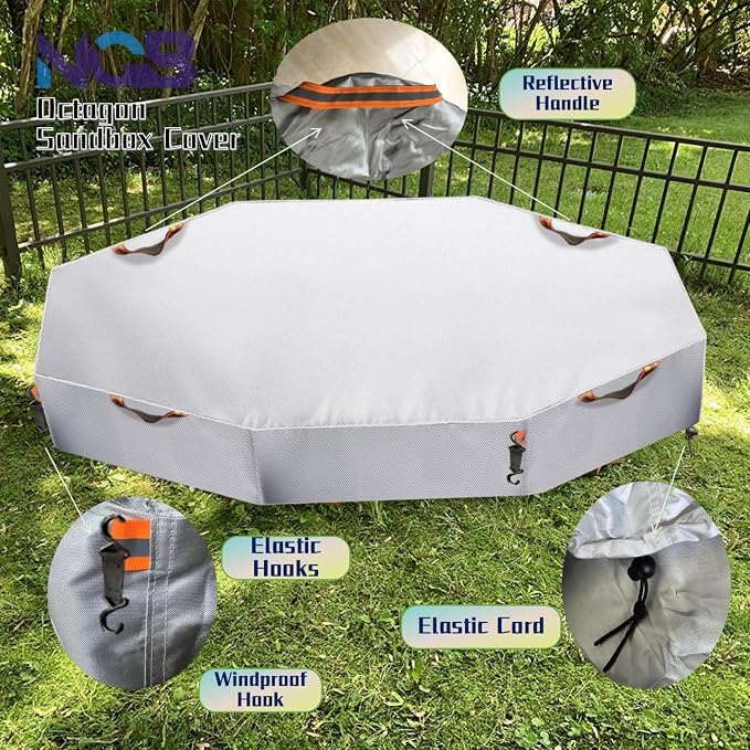 Octagon Sandbox Cover,Oxford Cloth Waterproof, Windproof and Dustproof, Equipped with a Waist Adjustable Hook and a Bottom Adjustable Drawstring,Protect Sandbox Sand and Toys(Silver,85"x79"x9")