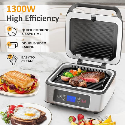 Sunvivi Indoor Grill, 1300W Smokeless Grill Indoor with Auto-Lift, Electric Griddle Nonstick with Removable Plates, Independent Upper Heating, Smart Time & Temperature Control, Easy to Clean and Store