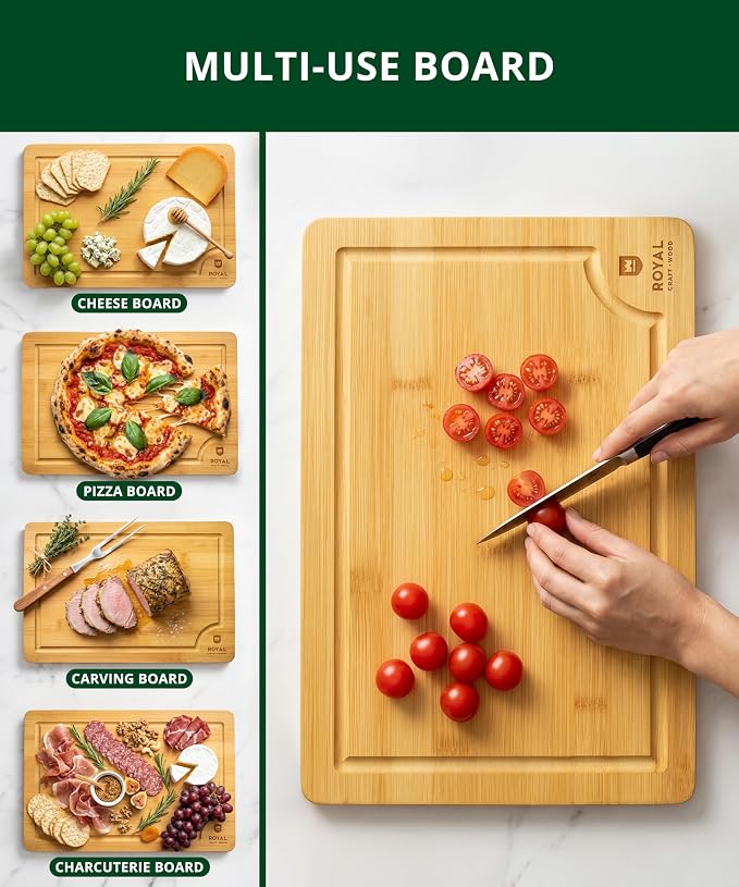 ROYAL CRAFT WOOD Bamboo Cutting Board with Juice Groove - Kitchen Chopping Board for Meat Cheese and Vegetables, Heavy Duty Serving Tray