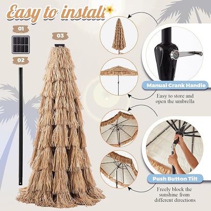 CroBlissful 9 ft Solar Tiki Umbrella with 32 LED Lights, Hula Thatched Patio Umbrella, UPF 50+, Hawaiian Style Beach Parasol for Garden, Beach, Pool, and Backyard