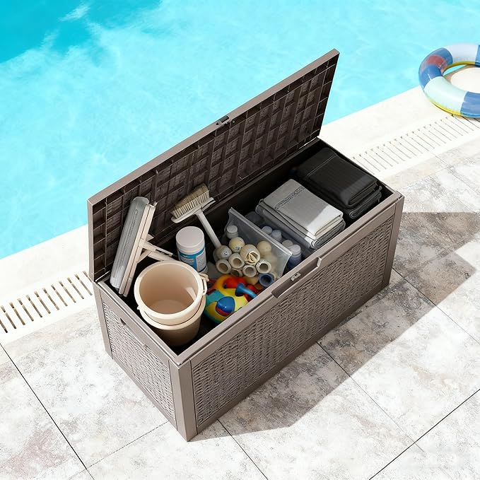 72 Gallon Outdoor Storage Box, Resin Deck Boxes Outdoor Waterproof For Patio Furniture, Garden Tools, Pool Supplies, Lockable And UV Resistant (Rattan Gray)