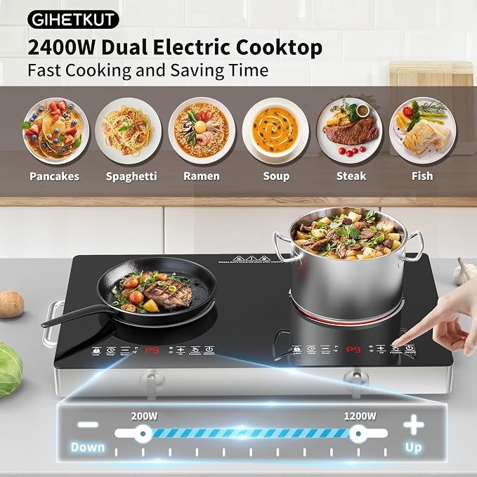 GIHETKUT Electric Cooktop,110V 2400W Stove top, Countertop Cooktop with 9 Power Levels, LED Display,Child Safety Lock, Timer,Knob and Touch Control 2 burner Electric cooktop