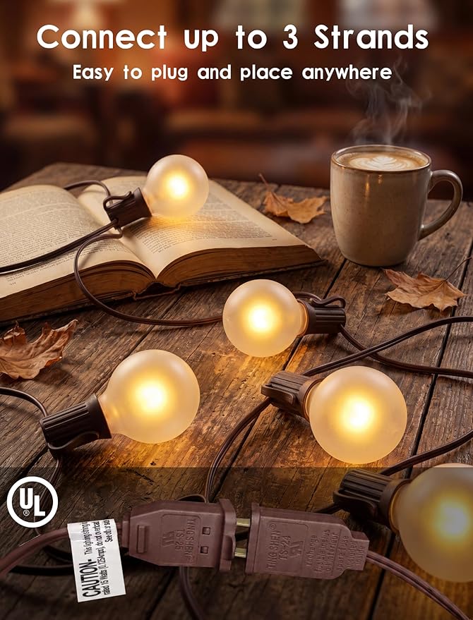 SUNSGNE 25Ft Outdoor Edison String Lights G40 Globe String Lights with 27 Frosted White Bulbs, Waterproof Connectable Hanging String Light for Christmas Patio House Backyard Balcony Party, Brown Wire