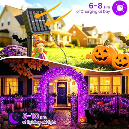 Purple Halloween Lights Outdoor Solar String Lights Waterproof for Halloween Decorations, Total 100LED 45FT for Garden Yard Pathway Fence, 8 Modes 50LED x 2 Packs