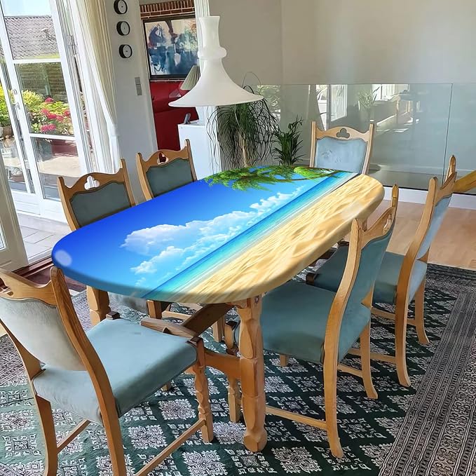 Summer Fitted Tablecloths Oval, Palms on Tropical Sand Beach Pattern Print Polyester Table Cloths, Elastic Table Cover for Outdoor/Indoor Summer Party Family Dinner Decor, Fits Tables up to 60" x 84"