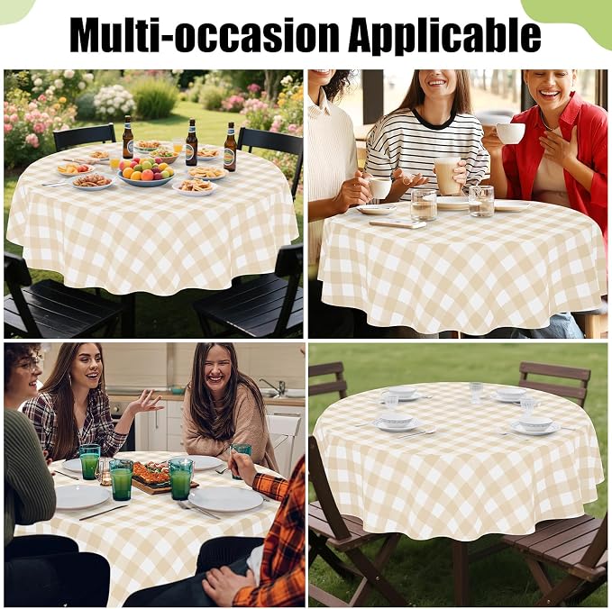 Smiry Picnic Table Cloth, Vinyl Tablecloths with Flannel Backing, 60" Round | Waterproof Picnic Table Cloth, Wipeable Buffalo Plaid Table Cover for Indoor and Outdoor (White & Beige)
