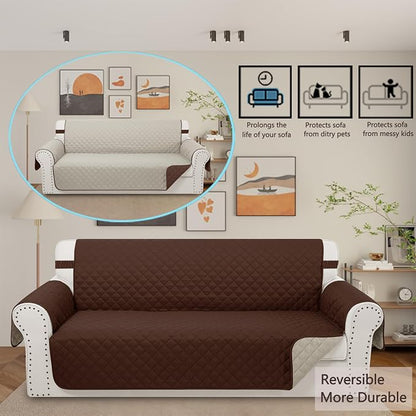 Reversible Couch Cover for 3 Cushion, Sofa, Brown/Beige | Couch Cover for Sofa, Pet Friendly Water Repellent Couch Sofa Cover, Washable Furniture Protector with Elastic Straps