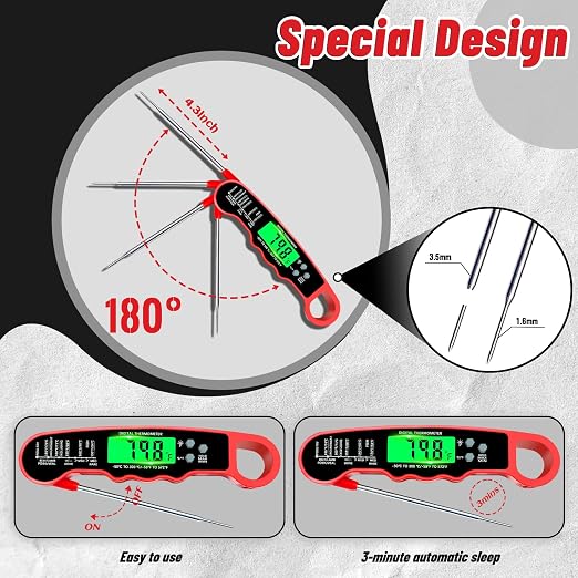 Meat Thermometer Digital, Instant Read Digital Meat Thermometer | IP67 Waterproof, Backlight, Hold Function, Magnet, LED screen, for Kitchen, Beef, Grill, BBQ, Candy, Turkey