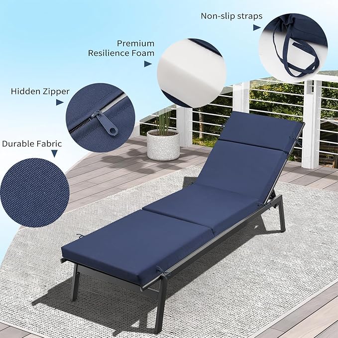 Outdoor Chaise Lounge Cushion 72" x 21" x 3", 4-Section Folding Patio Lounge Chair Cushion with Ties, Waterproof & Fade Resistant Replacement Cushion for Pool, Patio, Deck (Blue, 1 Pcs)