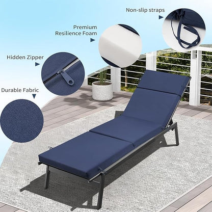 Outdoor Chaise Lounge Cushion 72" x 21" x 3", 4-Section Folding Patio Lounge Chair Cushion with Ties, Waterproof & Fade Resistant Replacement Cushion for Pool, Patio, Deck (Blue, 1 Pcs)