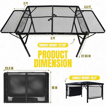 Folding Grill Table with Extension Boards | Portable Camping Table for Beach, BBQ, RV & Tailgating | Heavy Duty Metal Foldable Outdoor Prep Table | Supports 88 lbs, Mesh Design USA
