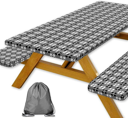 Picnic Table Cover with Bench Covers and Bag, Camping Essentials, Buffalo Plaid Waterproof and Windproof, Fitted Tablecloth Cover with Elastic Edge, for Outdoor, 3 PCS, (Black & White, 30"x72")