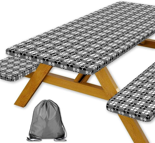 Picnic Table Cover with Bench Covers and Bag, Camping Essentials, Buffalo Plaid Waterproof and Windproof, Fitted Tablecloth Cover with Elastic Edge, for Outdoor, 3 PCS, (Black & White, 30"x72")