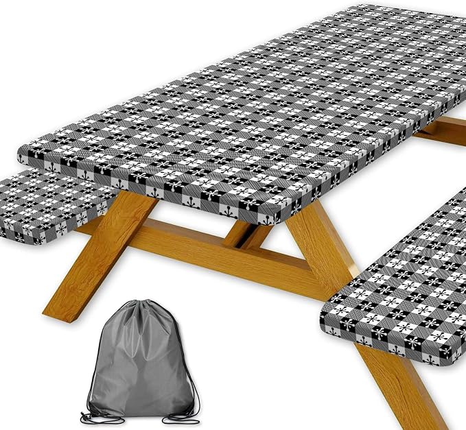 Picnic Table Cover with Bench Covers and Bag, Camping Essentials, Buffalo Plaid Waterproof and Windproof, Fitted Tablecloth Cover with Elastic Edge, for Outdoor, 3 PCS, (Black & White, 30"x96")