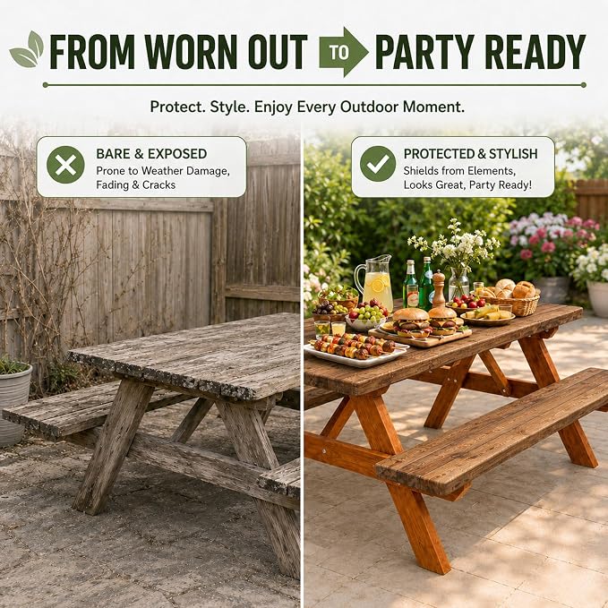 Emwwat Picnic Table Cover with Bench Covers, Waterproof Elastic Corner Fitted Tablecloth for 6 Foot Rectangle Tables, Washable Camping Table Cover Set for Picnic Outdoor BBQ (Brown, 72in)