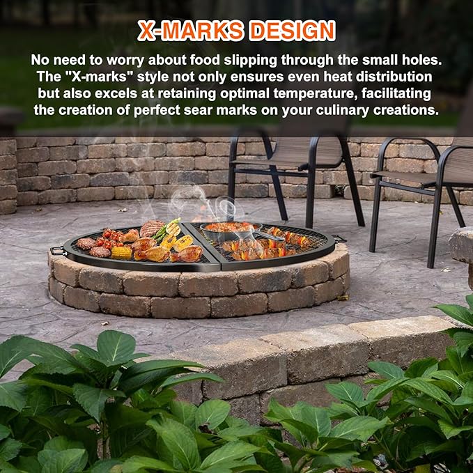 only fire X-Marks Fire Pit Cooking Grate, Foldable Round Grate for Outdoor Cooking, Portable Camping Cookware for Outside Party, Heavy Duty Steel Campfire BBQ Grill Grid with Handle, 36 inch