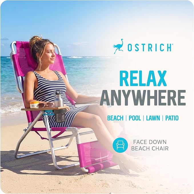 Ostrich the Original 3N1 Lightweight Beach Reclining Lounge Chair with Footrest, Outdoor Furniture for Patio, Balcony, Backyard, or Porch, Pink