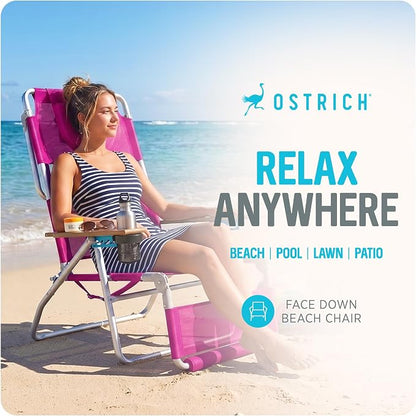 Ostrich the Original 3N1 Lightweight Beach Reclining Lounge Chair with Footrest, Outdoor Furniture for Patio, Balcony, Backyard, or Porch, Pink