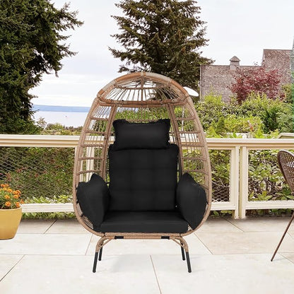 PayLessHere Egg Chair Egg Basket Rattan Chair Steel Frame Oversized Indoor Outdoor Lounger Simple Installation with 4 Comfort Cushion and Stand,352lb Capacity for Patio Garden Living Room，Black