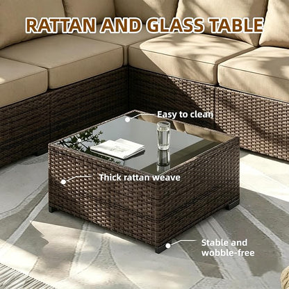 MOCHITO 7 Pieces Outdoor Patio Furniture Sets, All-Weather Sectional Sofa Dark Brown PE Rattan Wicker Conversation Set with Glass Table and Washable Khaki Cushions for Backyard,Sunroom,Garden