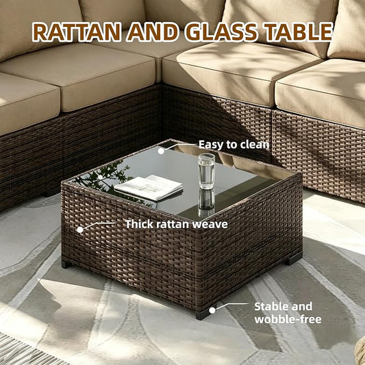 MOCHITO 5 Pieces Outdoor Patio Furniture Sets, All-Weather Sectional Sofa Dark Brown PE Rattan Wicker Conversation Set with Glass Table and Washable Khaki Cushions for Backyard,Sunroom,Garden,Porch