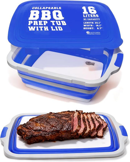 Collapsible XL Smoker & BBQ Prep Tub with Locking Lid | Includes Cutting Board, Meat Marinade & Brine Container For Turkey, Brisket & Ribs - Best Grill Accessories Gifts For Men