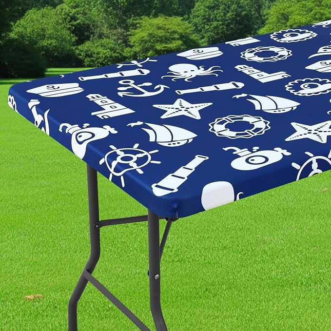 Smiry Spandex Fitted Tablecloth for 6 Foot Rectangle Tables, Washable Picnic Table Cover with Elastic, Stretch Reusable Table Cloth for Outdoor, Camping, Dining & Kitchen (Yacht, 30"x72")