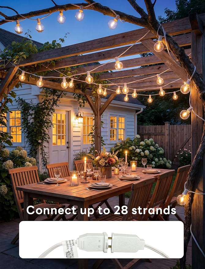 Abeja 25Ft LED Outdoor String Light, Patio Globe String Lights with 27 Shatterproof LED Clear Bulbs(2 Spare), Hanging Patio String Lights for Backyard Decor Bistro Party Yard Decor- White Wire