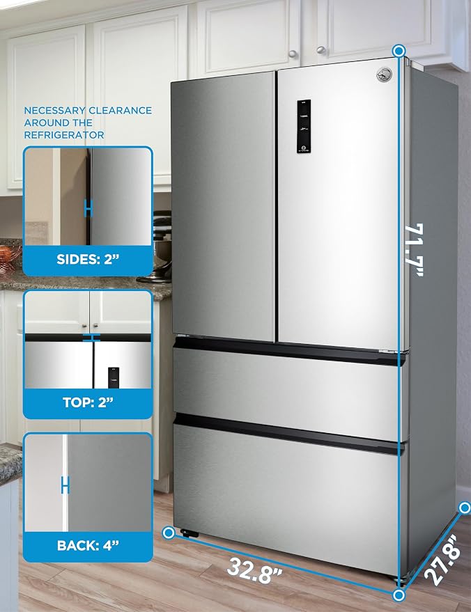 Commercial Cool 18.9 Cu. Ft. French Door Refrigerator, 33 Inch Wide Refrigerator with 2 Bottom Mount Freezer Drawers, Frost Free, LED Lighting, Digital Temperature Control, CCRF1890KS, Stainless Look | 33 Inch Wide Refrigerator with 2 Bottom Mount Free...